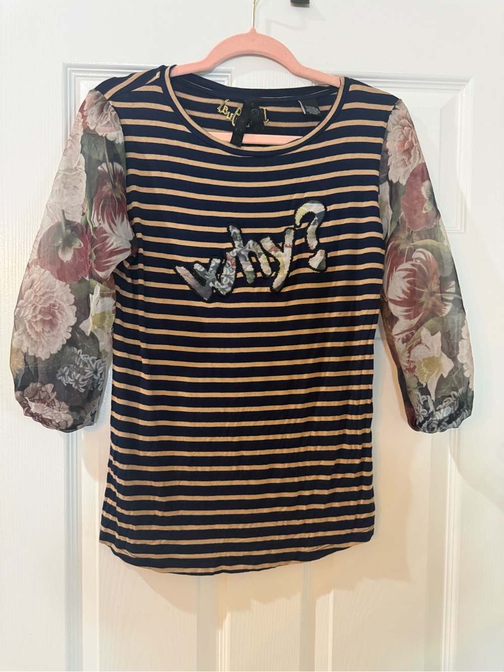 Desigual Navy and Beige Striped Top with Floral Sheer Sleeves